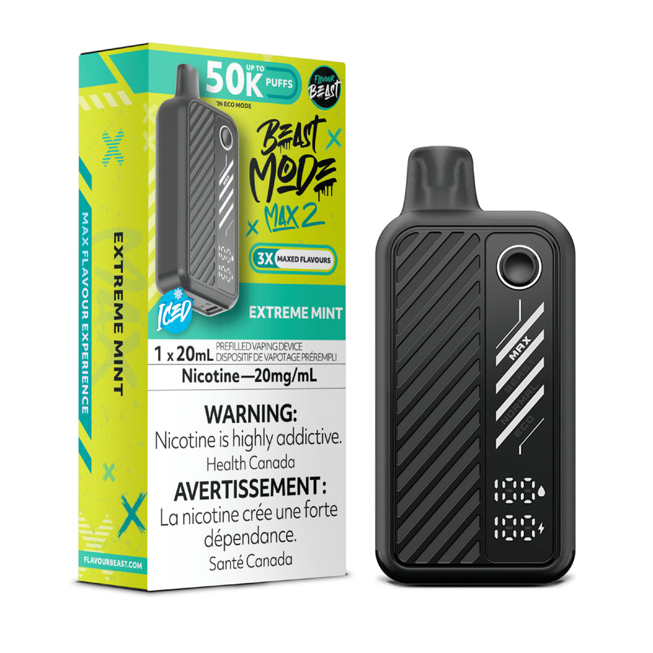 Flavour Beast Beast Mode Max 2 Extreme Mint disposable vape delivering intense icy mint flavor, 50,000 puffs, and sleek design with adjustable power modes.