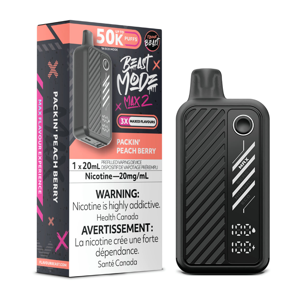 Flavour Beast Beast Mode Max 2 Packin' Peach Berry, offers up to 50,000 puffs of juicy peaches and mixed berries flavor with adjustable modes and LED display.