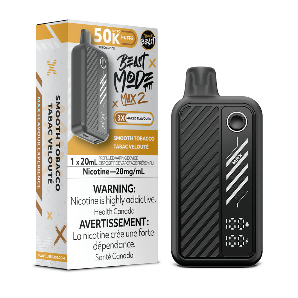 Flavour Beast Beast Mode Max 2 Smooth Tobacco disposable vape offering a mellow, velvety tobacco blend, up to 50,000 puffs and sleek adjustable-mode design.