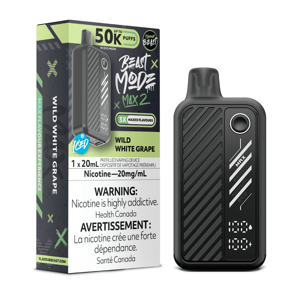 Flavour Beast Beast Mode Max 2 Wild White Grape disposable vape delivering crisp white-grape flavour with icy finish, up to 50 000 puffs, sleek high-performance design.