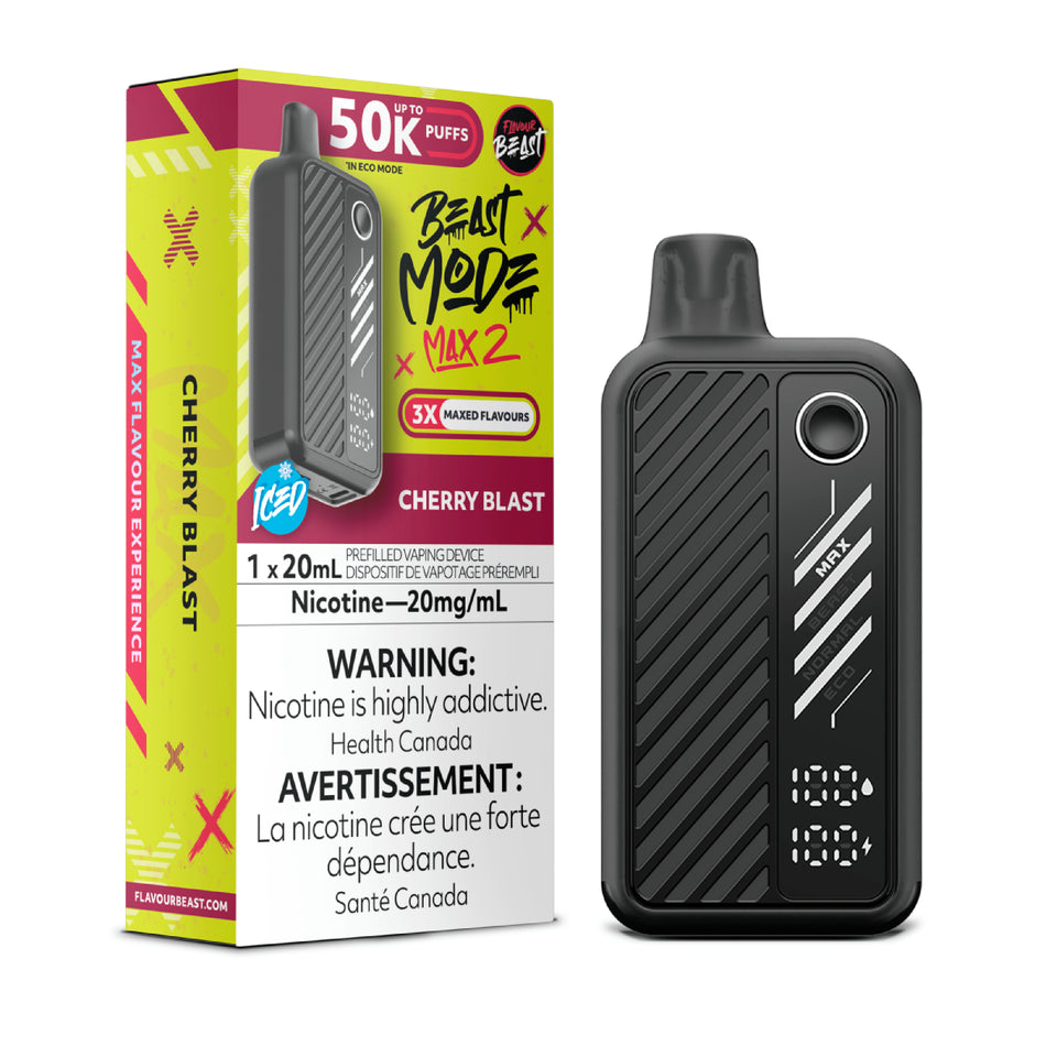 Flavour Beast Beast Mode Max 2 Cherry Blast disposable vape featuring tangy cherry flavor, icy finish, sleek design, and up to 50,000 puffs.