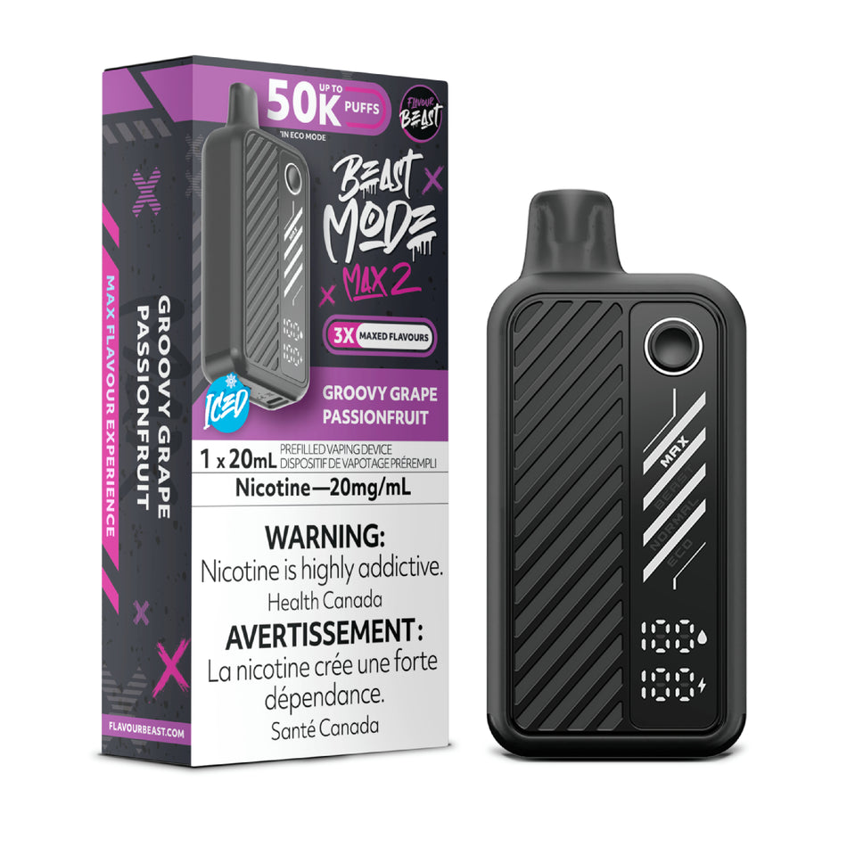 Flavour Beast Beast Mode Max 2 Groovy Grape Passionfruit disposable vape combining juicy grape and bright passionfruit flavours in a sleek high-performance design.