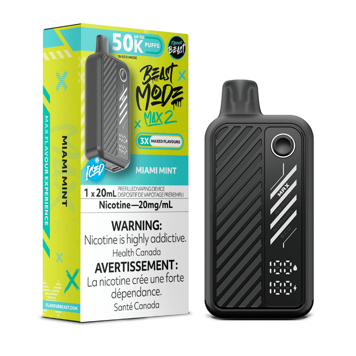 Flavour Beast Beast Mode Max 2 Miami Mint disposable vape delivering crisp minty freshness with icing finish, up to 50 000 puffs in sleek high-performance design.