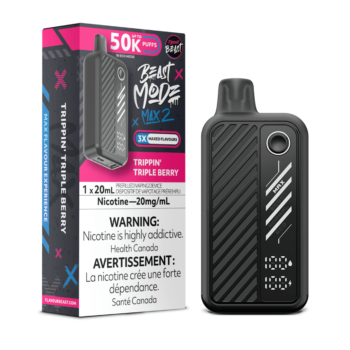 Flavour Beast Beast Mode Max 2 Trippin’ Triple Berry disposable vape featuring a blend of three berries, up to 50,000 puffs, sleek multi-mode design.