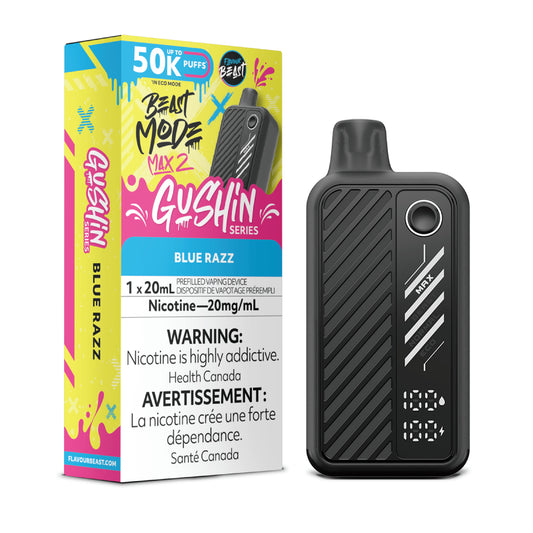 Flavour Beast Beast Mode Max 2 Gushin Blue Razz disposable vape with tangy blue-raspberry flavor, up to 50,000 puffs and sleek high-performance design.