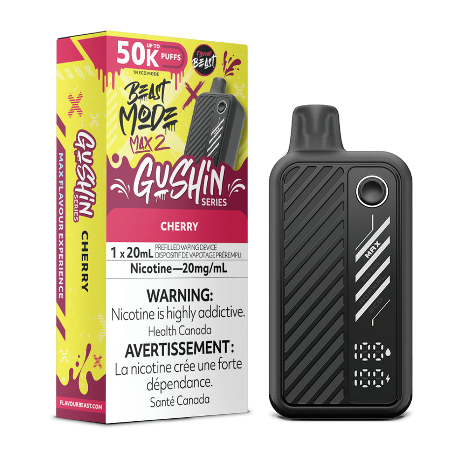 Flavour Beast Beast Mode Max 2 Gushin Cherry disposable vape with rich cherry flavour, up to 50,000 puffs, sleek design and adjustable performance modes.