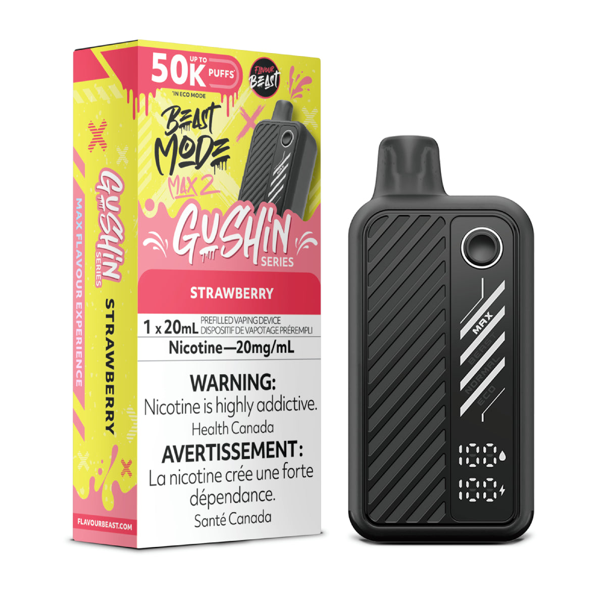 Flavour Beast Beast Mode Max 2 Gushin Strawberry disposable vape delivering juicy strawberry flavour, up to 50,000 puffs, sleek modern design.