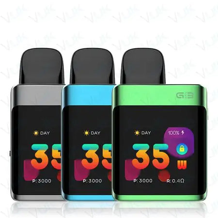 Uwell Caliburn G3 Pro KOKO pod kit in black, blue, and green, showcasing the adjustable settings and sleek design.