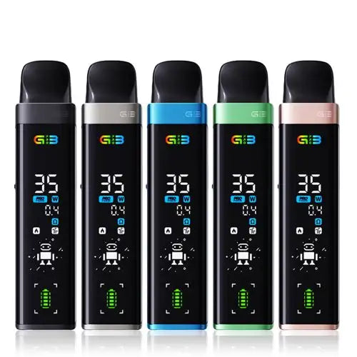 UWELL Caliburn G3 Pro Pod Kit available in five colors with LCD display showing 35W output