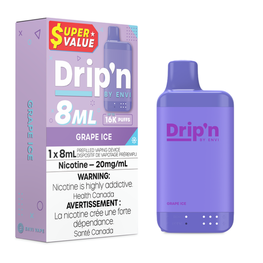 Drip'n 8ML Disposable in Grape Ice flavor with packaging, designed for a frosty vaping experience.