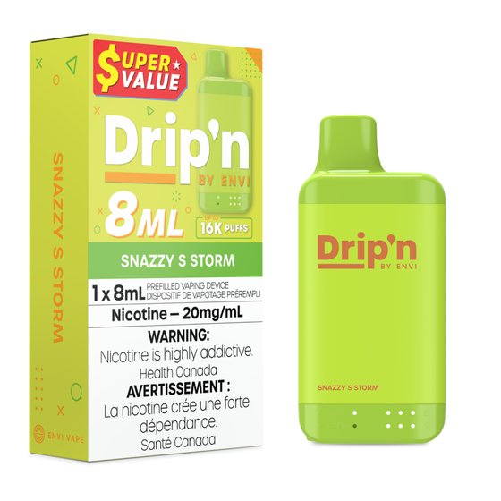 Drip'n 8ML Disposable device, Snazzy S Storm flavor, offering 16K puffs of sour, sensational taste.
