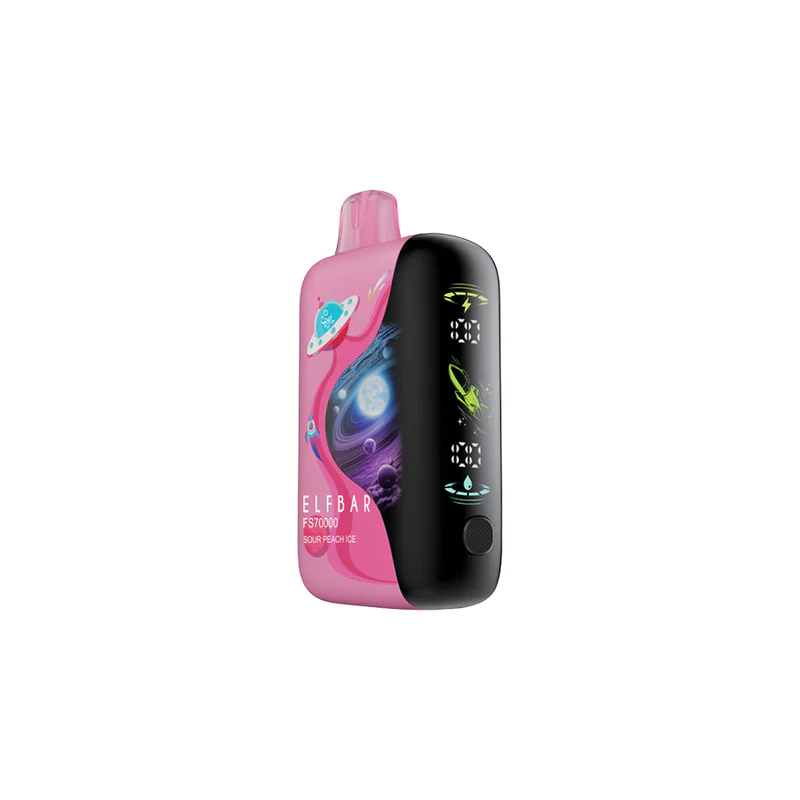 ELFBAR FS70K disposable device showcasing SOUR PEACH ICE flavor with a sleek and colorful design.