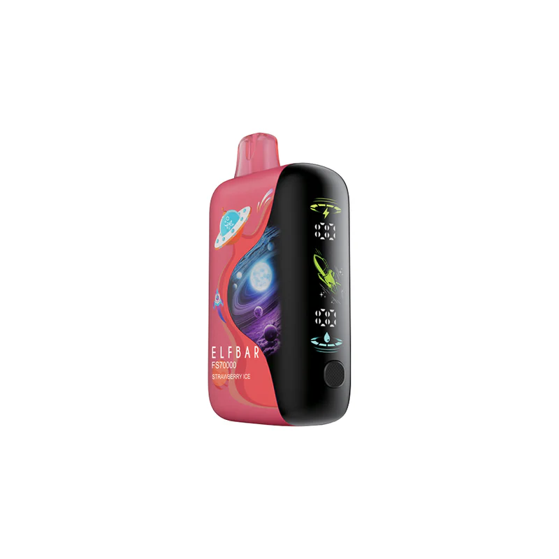 ELFBAR FS70K disposable device in Strawberry Ice flavor with cosmic design and user interface.