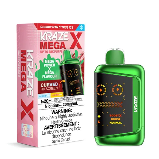 Kraze Mega X 48K Disposable Vape – ultra-capacity 48,000-puff device with high-performance dual mesh coil, OLED screen, Type-C recharge and premium finish.