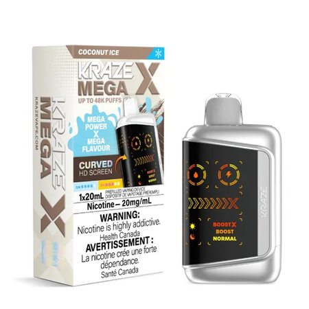 Kraze Mega X 48K Disposable Vape – ultra-capacity 48,000-puff device with high-performance dual mesh coil, OLED screen, Type-C recharge and premium finish.