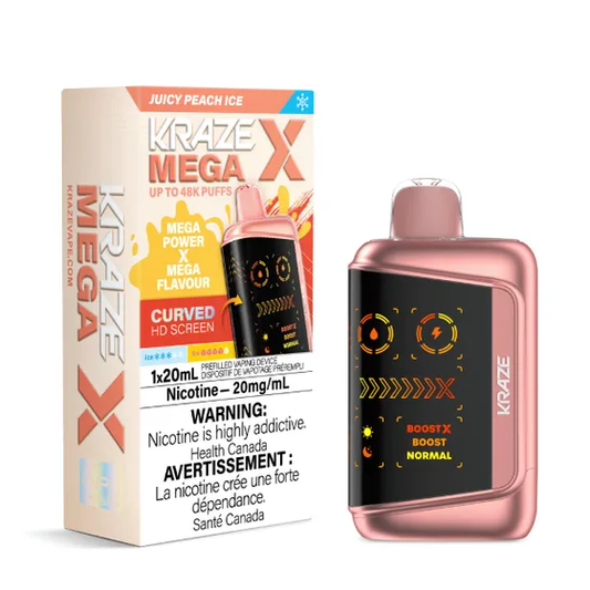 Kraze Mega X 48K Disposable Vape – ultra-capacity 48,000-puff device with high-performance dual mesh coil, OLED screen, Type-C recharge and premium finish.