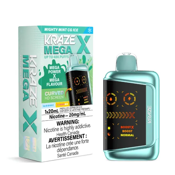 Kraze Mega X 48K Disposable Vape – ultra-capacity 48,000-puff device with high-performance dual mesh coil, OLED screen, Type-C recharge and premium finish.