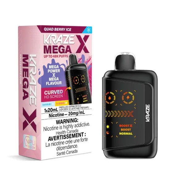 Kraze Mega X 48K Disposable Vape – ultra-capacity 48,000-puff device with high-performance dual mesh coil, OLED screen, Type-C recharge and premium finish.