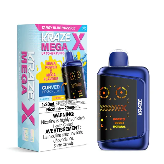 Kraze Mega X 48K Disposable Vape – ultra-capacity 48,000-puff device with high-performance dual mesh coil, OLED screen, Type-C recharge and premium finish.