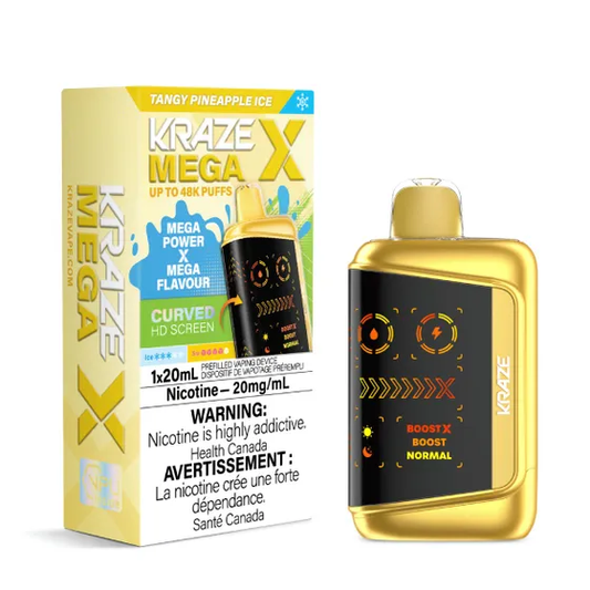 Kraze Mega X 48K Disposable Vape – ultra-capacity 48,000-puff device with high-performance dual mesh coil, OLED screen, Type-C recharge and premium finish.