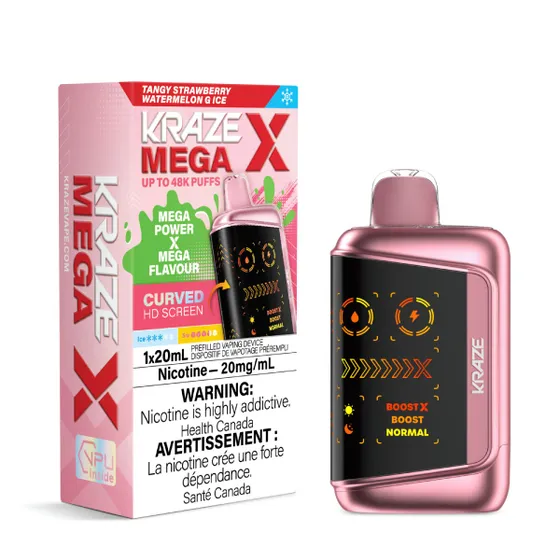 Kraze Mega X 48K Disposable Vape – ultra-capacity 48,000-puff device with high-performance dual mesh coil, OLED screen, Type-C recharge and premium finish.