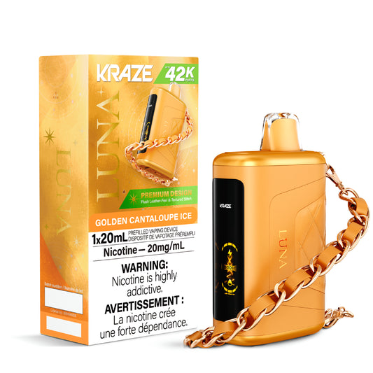 Kraze Luna 42K Disposable Vape – ultra-capacity 42,000-puff device with high-performance dual mesh coil, OLED screen, Type-C recharge and premium luxury finish.