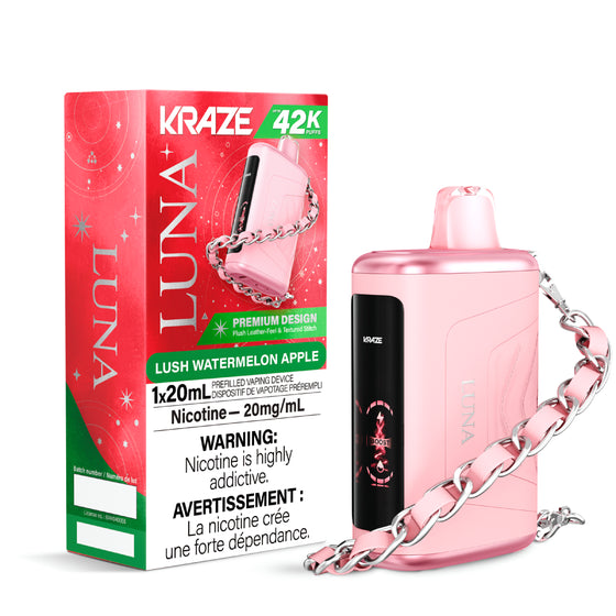 Kraze Luna 42K Disposable Vape – ultra-capacity 42,000-puff device with high-performance dual mesh coil, OLED screen, Type-C recharge and premium luxury finish.