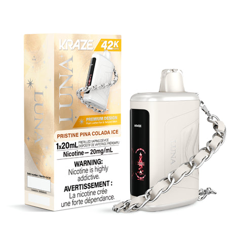 Kraze Luna 42K Disposable Vape – ultra-capacity 42,000-puff device with high-performance dual mesh coil, OLED screen, Type-C recharge and premium luxury finish.