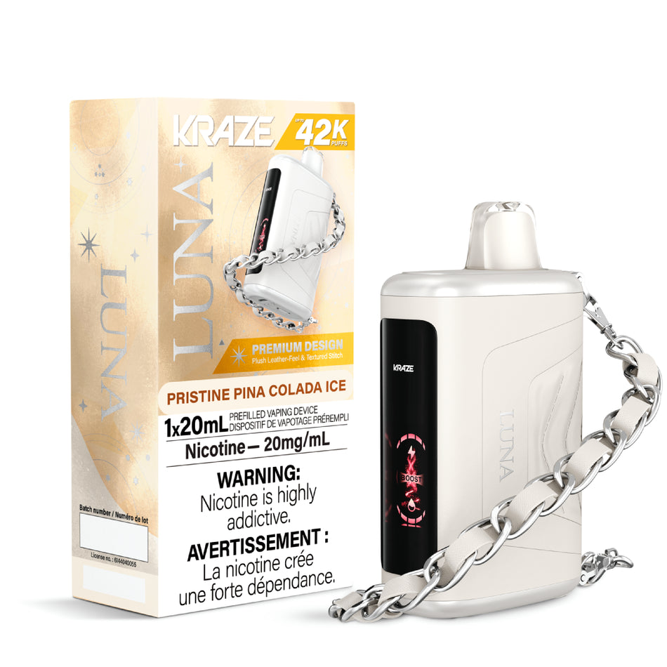 Kraze Luna 42K Disposable Vape – ultra-capacity 42,000-puff device with high-performance dual mesh coil, OLED screen, Type-C recharge and premium luxury finish.