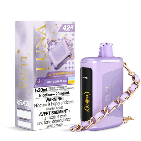 Kraze Luna 42K Disposable Vape – ultra-capacity 42,000-puff device with high-performance dual mesh coil, OLED screen, Type-C recharge and premium luxury finish.