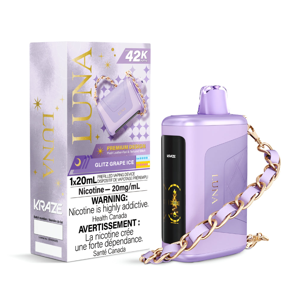 Kraze Luna 42K Disposable Vape – ultra-capacity 42,000-puff device with high-performance dual mesh coil, OLED screen, Type-C recharge and premium luxury finish.