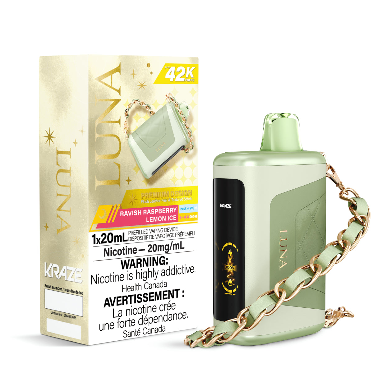 Kraze Luna 42K Disposable Vape – ultra-capacity 42,000-puff device with high-performance dual mesh coil, OLED screen, Type-C recharge and premium luxury finish.
