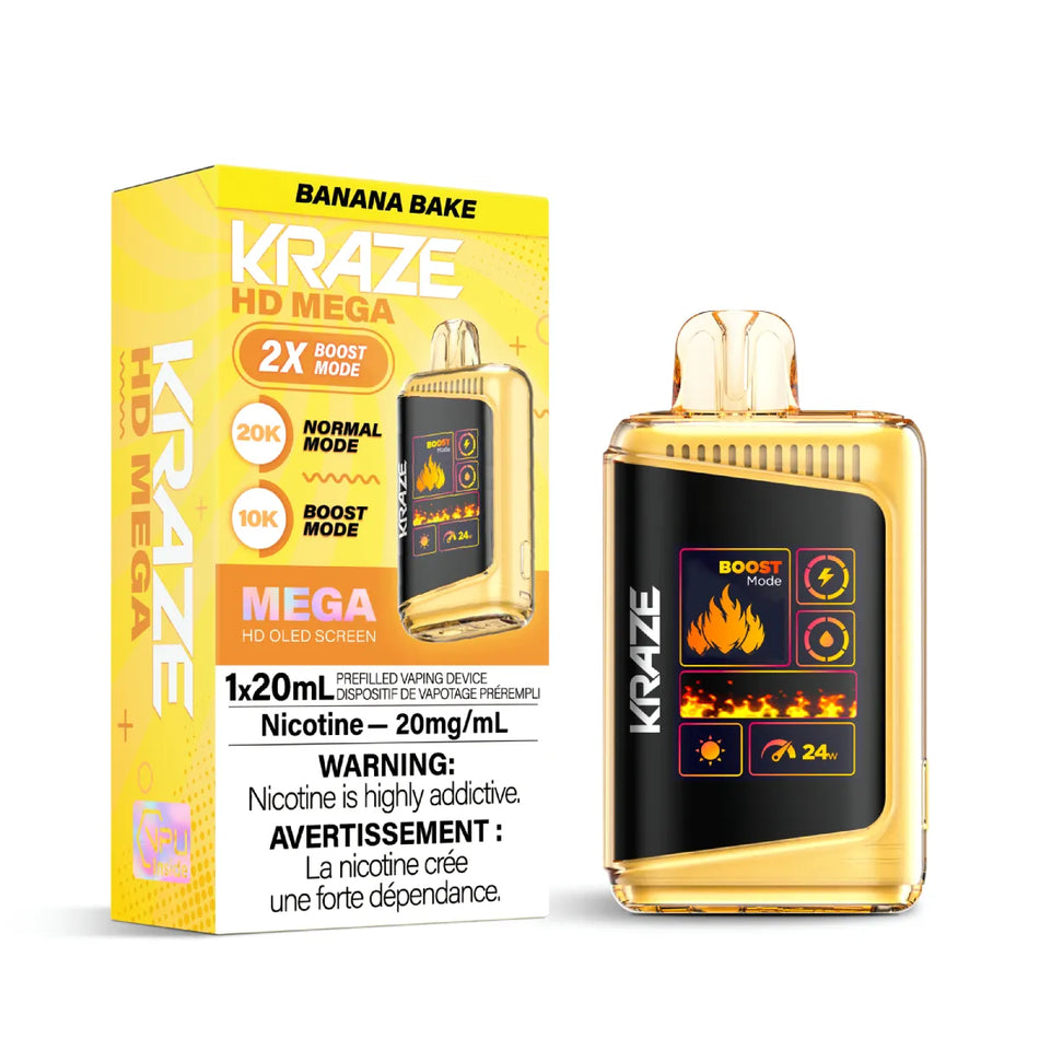 Kraze HD Mega Disposable Vape Banana Bake flavour – high-puff 20K device, 20mg nicotine, dual mesh coil, OLED screen, Type-C recharge, banana dessert vape tech.