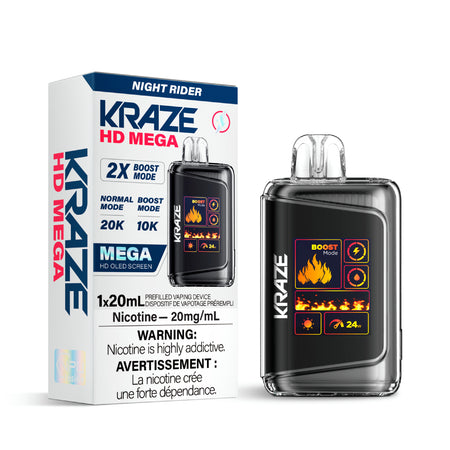 Kraze HD Mega Disposable Vape Night Rider – ultra 20K‑puff device with dual‑mesh coil, OLED screen, Type‑C recharge; bold fusion of strawberry, raspberry & watermelon flavour.