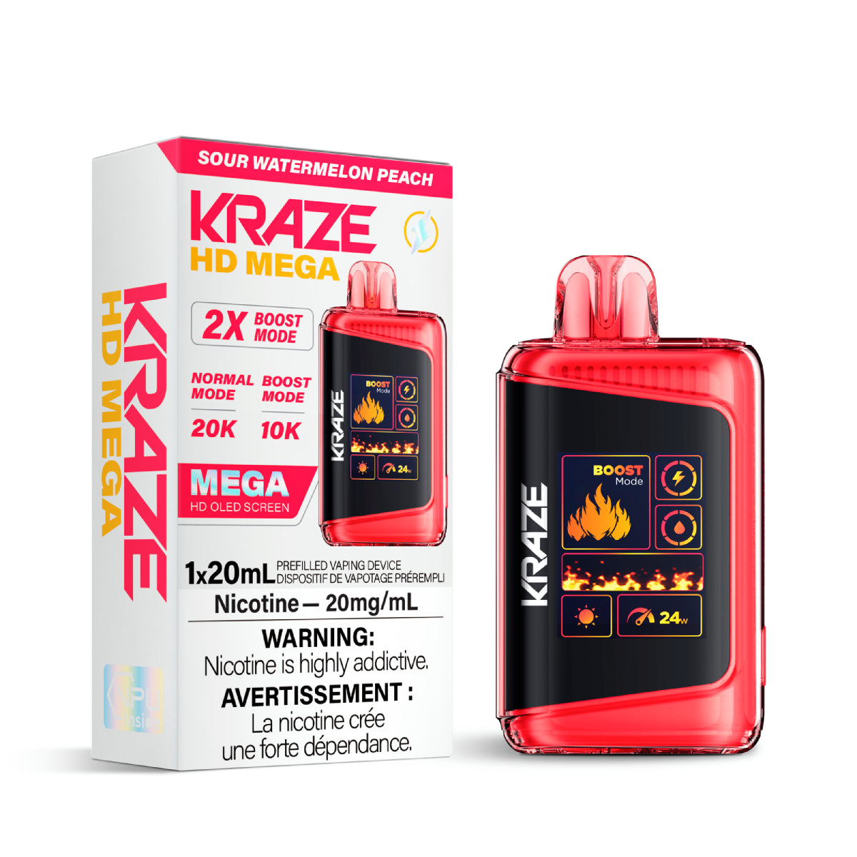 Kraze HD Mega Disposable Vape Sour Watermelon Peach – up to 20K puffs, dual-mesh coil, OLED screen, USB-C recharge; tangy sour watermelon and ripe peach fusion flavour.