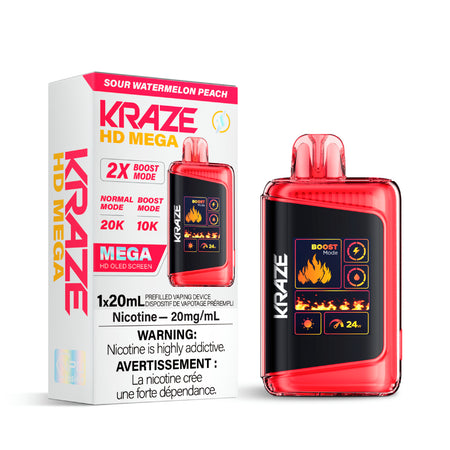 Kraze HD Mega Disposable Vape Sour Watermelon Peach – up to 20K puffs, dual-mesh coil, OLED screen, USB-C recharge; tangy sour watermelon and ripe peach fusion flavour.