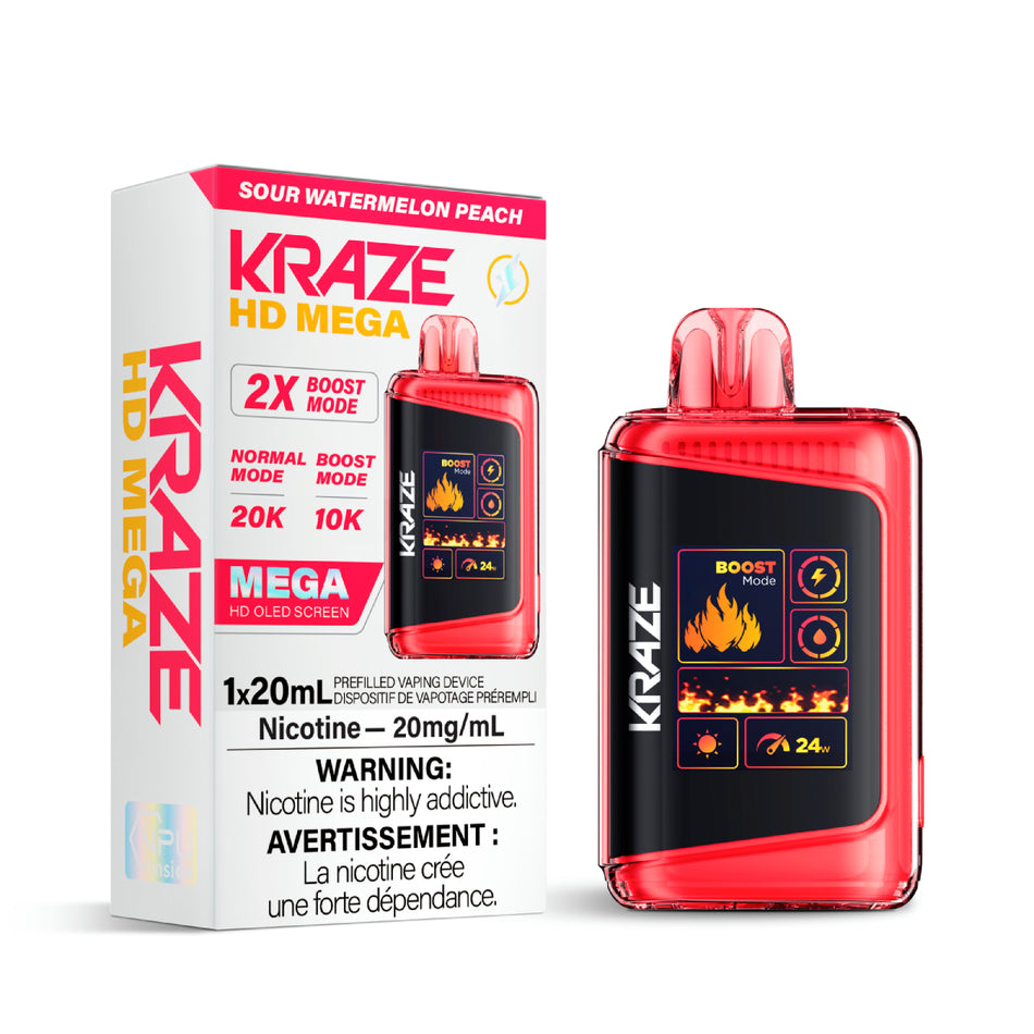 Kraze HD Mega Disposable Vape Sour Watermelon Peach – up to 20K puffs, dual-mesh coil, OLED screen, USB-C recharge; tangy sour watermelon and ripe peach fusion flavour.