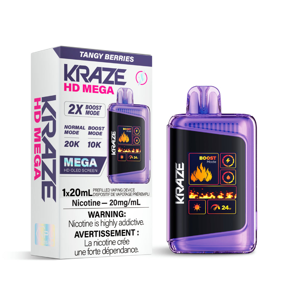 Kraze HD Mega Disposable Vape – ultra-capacity 20K-puff device, dual mesh coil, OLED screen, Type-C recharge; mixed berries blend with a tangy kick.