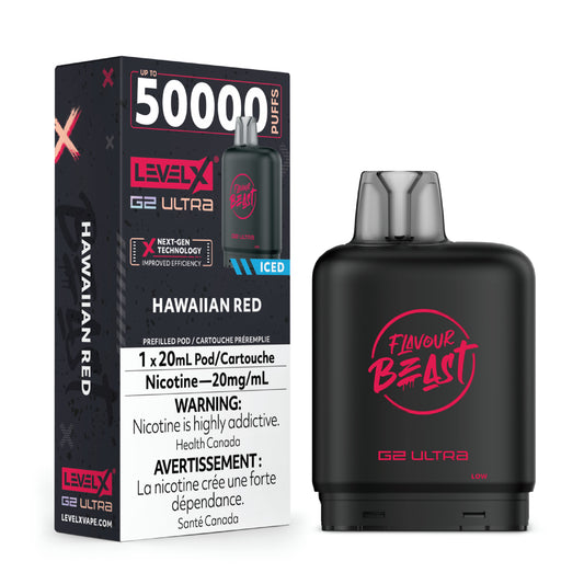 Level X G2 Ultra Hawaiian Red vape pods with punchy cherry, tropical pineapple, and sharp citrus flavors.