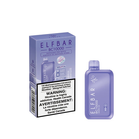 Elf Bar BC10000 Grape Ice delivers up to 10,000 puffs of sweet grape with an icy finish, smooth draws, and a rechargeable Type-C battery.