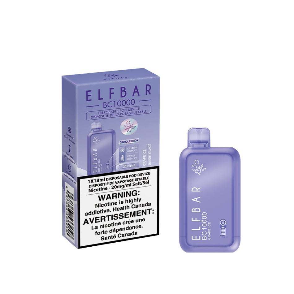 Elf Bar BC10000 Grape Ice delivers up to 10,000 puffs of sweet grape with an icy finish, smooth draws, and a rechargeable Type-C battery.