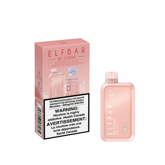 Elf Bar BC10000 Peach Ice delivers up to 10,000 puffs of sweet peach with an icy finish, smooth draws, and a rechargeable Type-C battery.