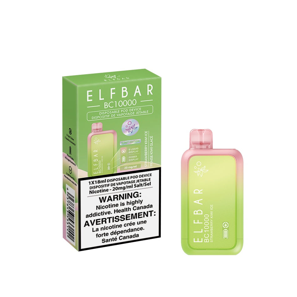 Elf Bar 10000 Strawberry Kiwi Ice disposable vape device with warning label and colorful packaging.