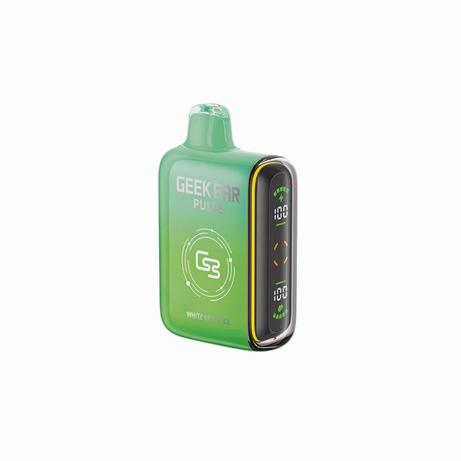 Geek Bar Pulse White Grape Ice disposable vape. Up to 9000 puffs per disposable, Mesh coil for great flavour. Adjustable airflow and two power modes