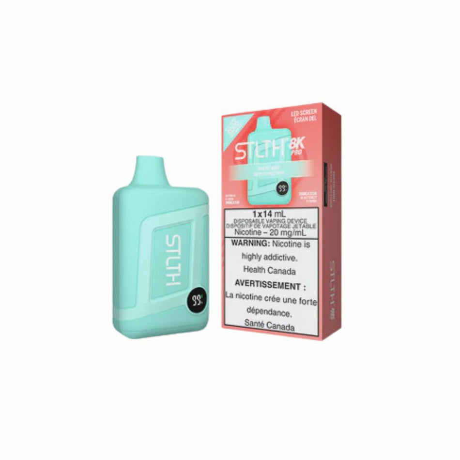 STLTH 8K PRO Disposable Arctic Mint vape device with bright LED screen and packaging.
