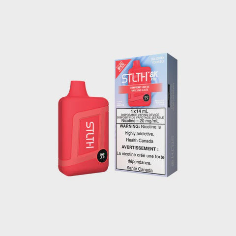 STLTH 8K PRO Disposable device in Strawberry Lime Ice flavor, featuring an innovative design and a nicotine warning.